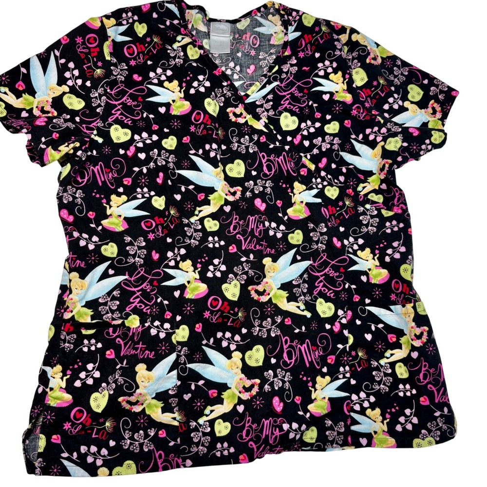 Disney‎ XL Scrub Top Tinkerbell V-Neck Short Sleeve black Cinched Back